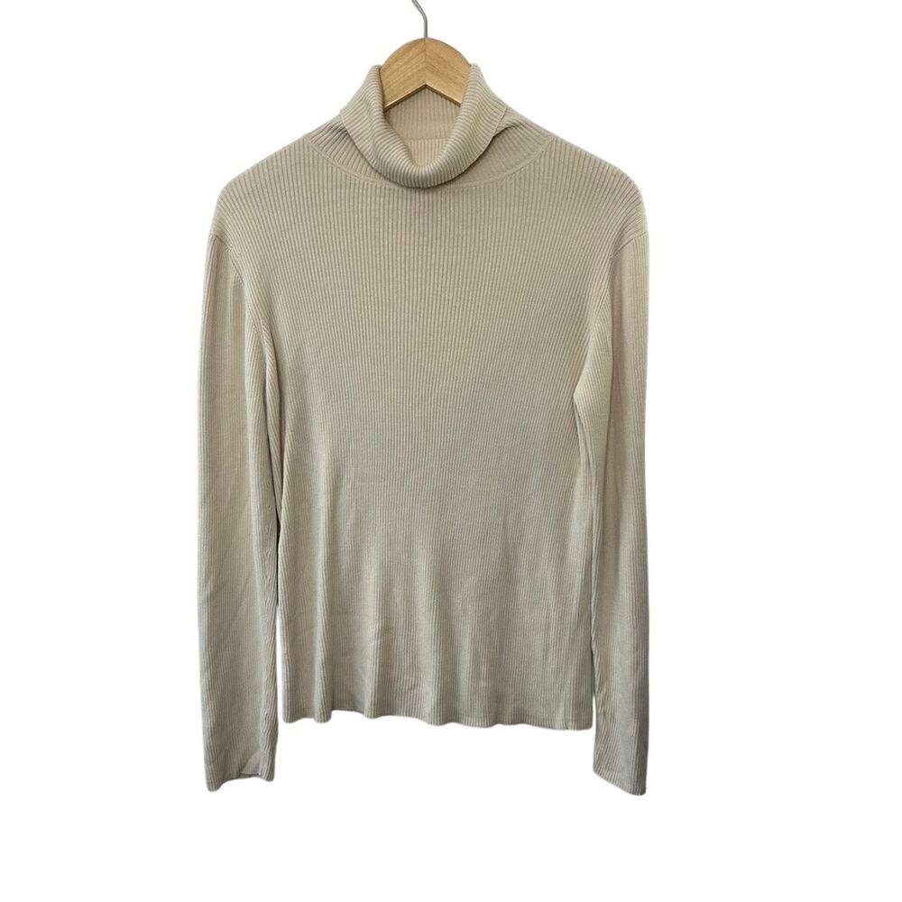 Ann Taylor LOFT Ivory Long Sleeve Ribbed 100% Silk Turtleneck Shirt Women's XL